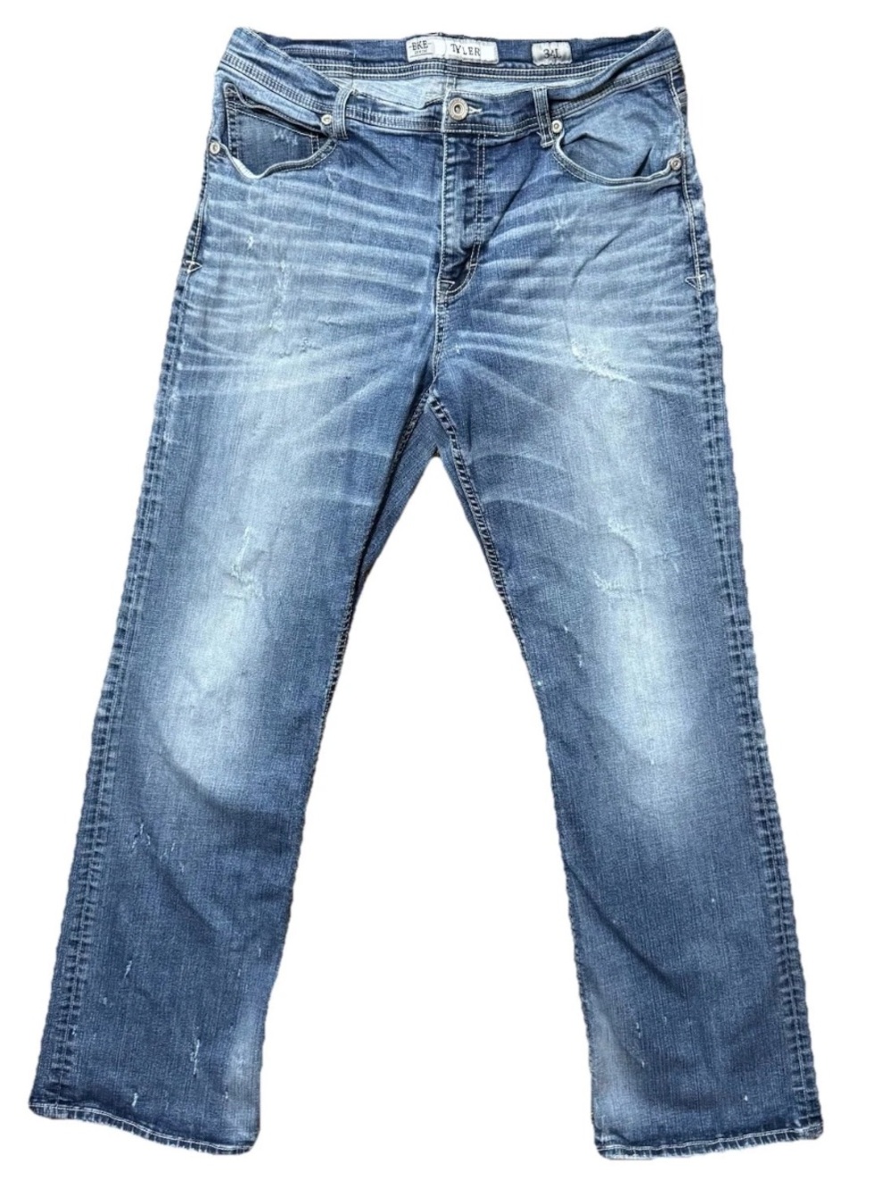 BKE Tyler Men's Straight Leg Jeans Size 34L Medium Wash Blue Distressed Denim